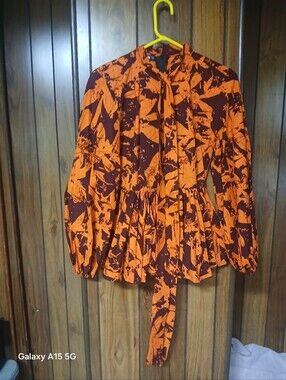 Tie-Neck Peplum Blouse in Orange and Maroon